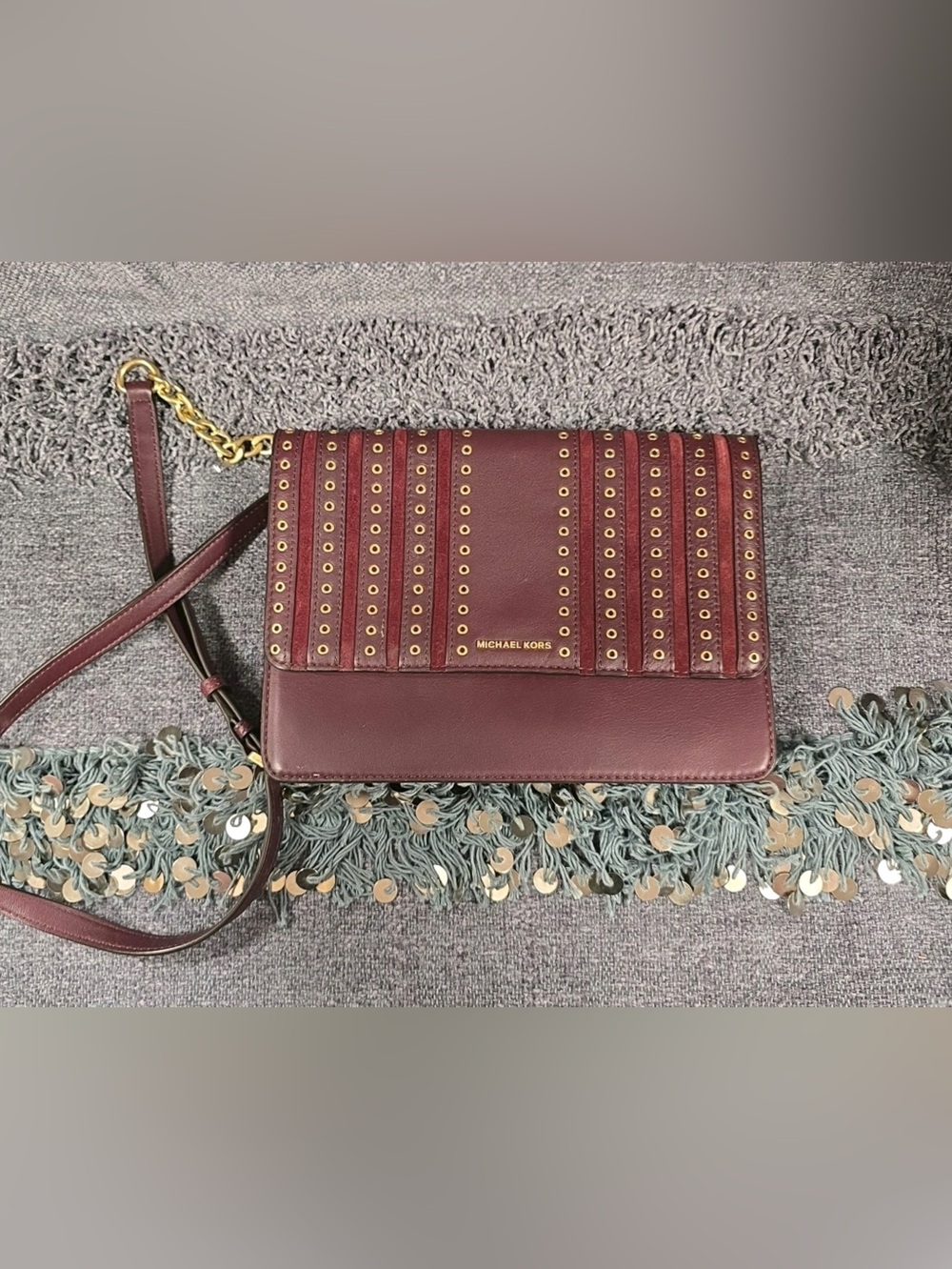 Michael Kors Burgundy Leather Crossbody with Gold Grommet Accents